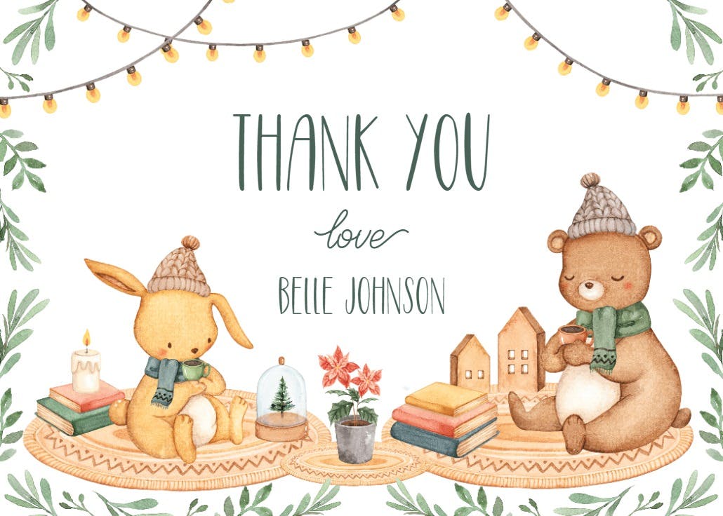 Warm cozy animal - baby shower thank you card